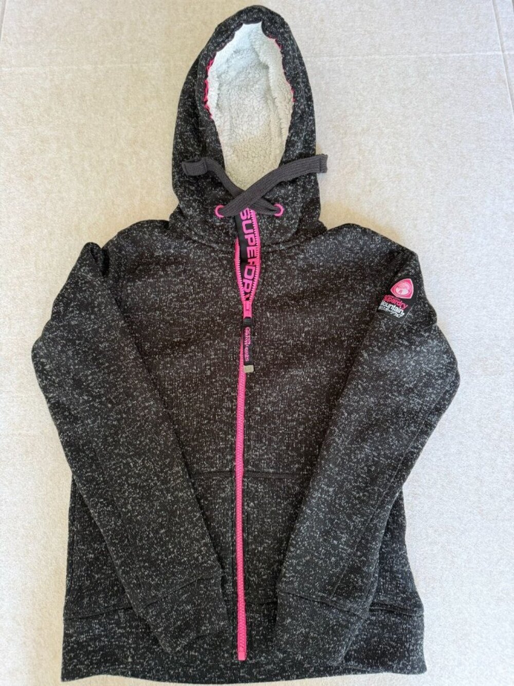 Superdry Mountain Hoodie Womens S Gray Pink Sherpa Lined Zip 1051